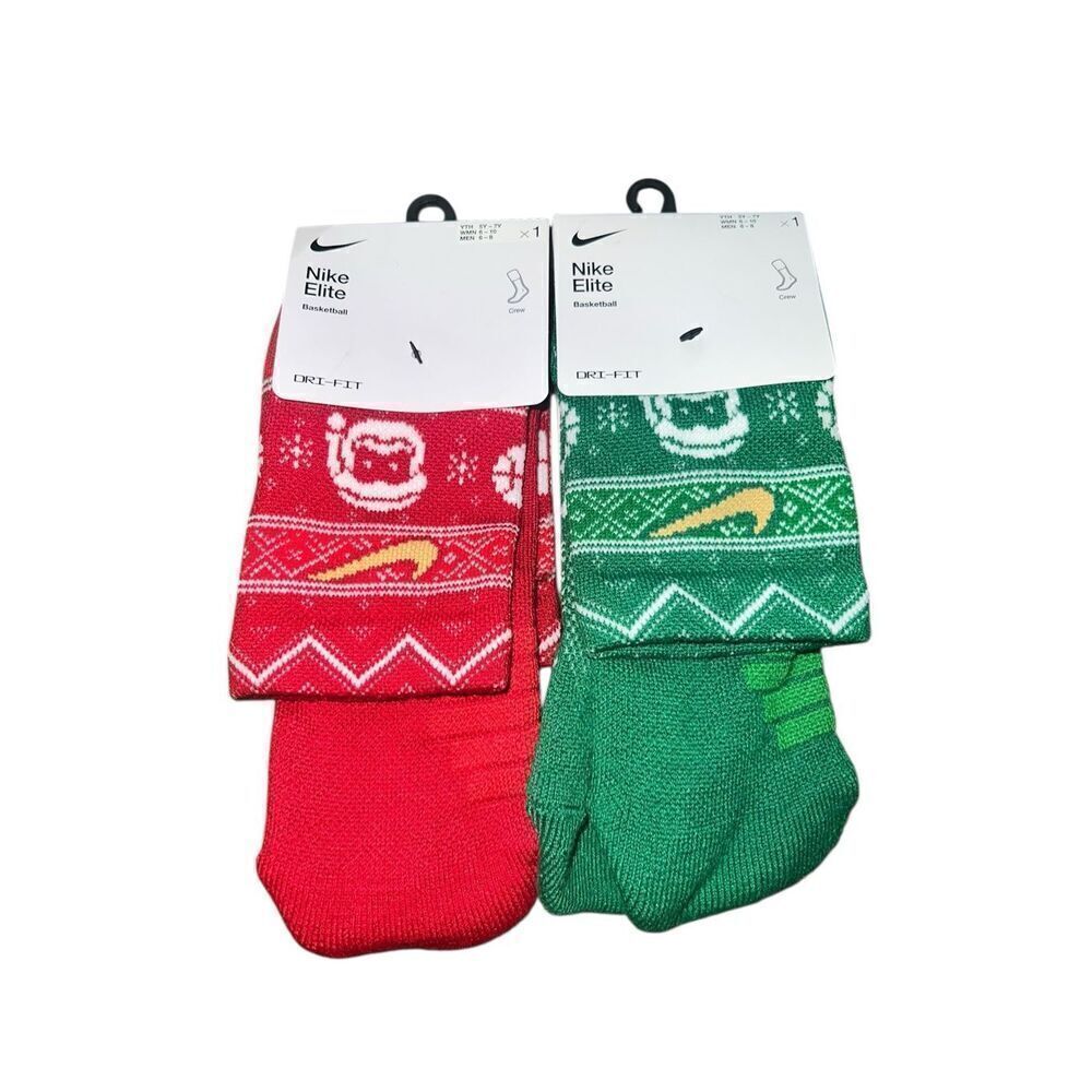 2 Nike ELITE Crew Basketball Socks CHRISTMAS red green santa holidays W6-8